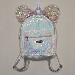 Justice Girls Silver Flip Sequin Pompom Mini Backpack T Initial Sparkle Shiny